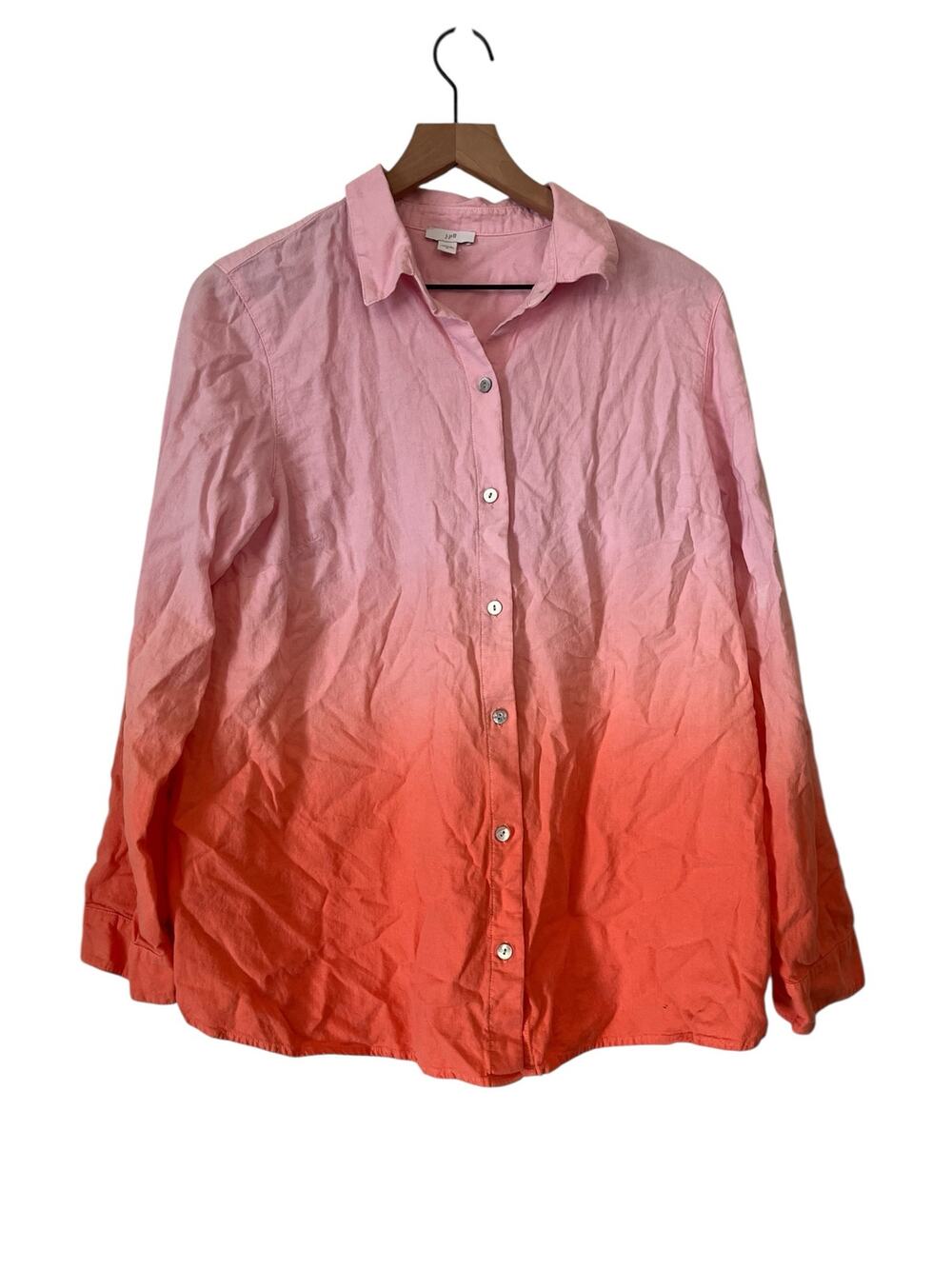 J Jill Linen Blend Pink Orange Ombre Roll Tab Sleeve Button Down Shirt Medium